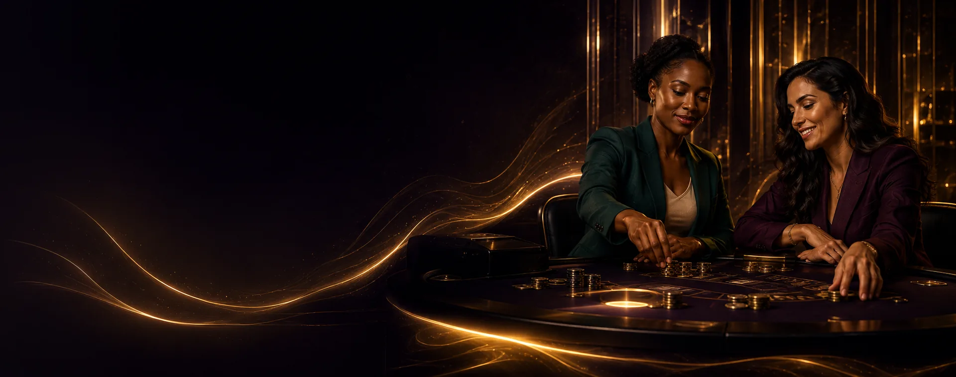 Two Rivo Casino players beside a wall of glowing gold panels