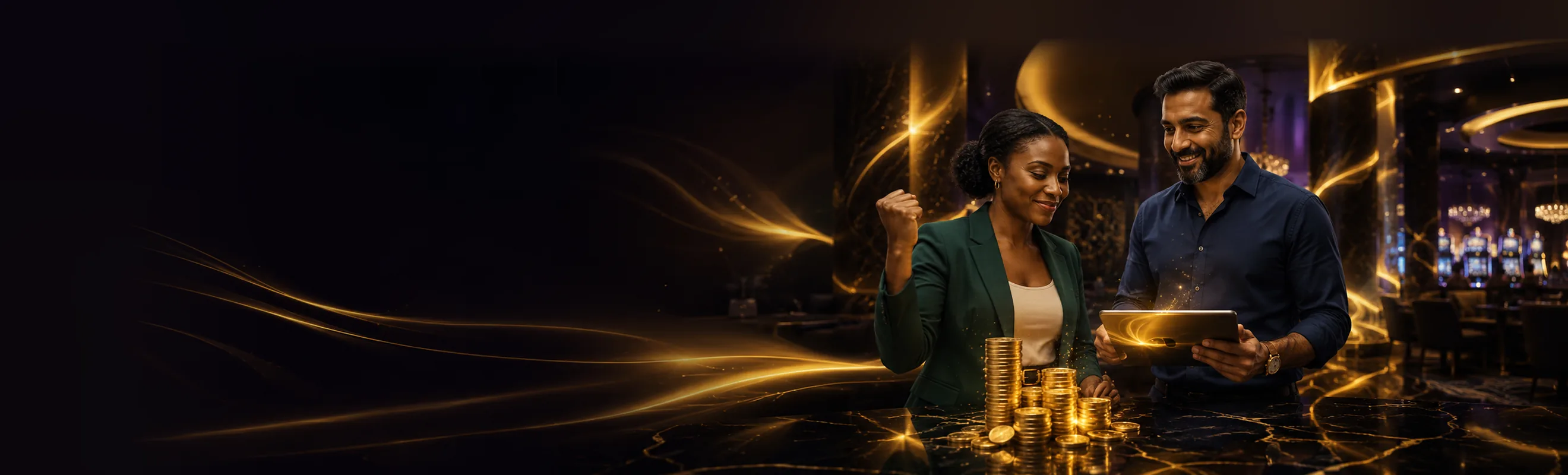 Two Rivo Casino players celebrating beside a stack of gold coins in a dark lounge